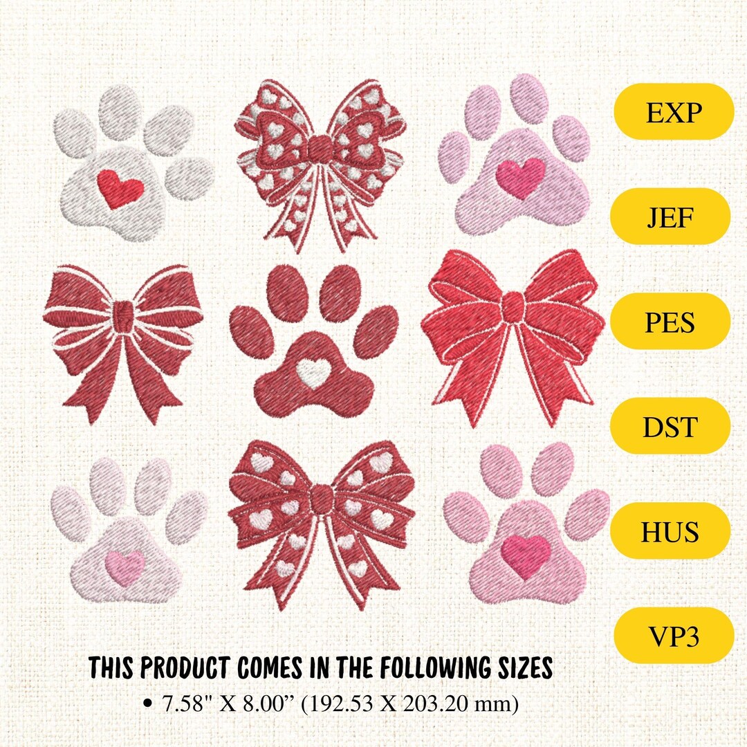 Heart Paws and Bows Embroidery Design | Valentine Dog Paw & Pink ...