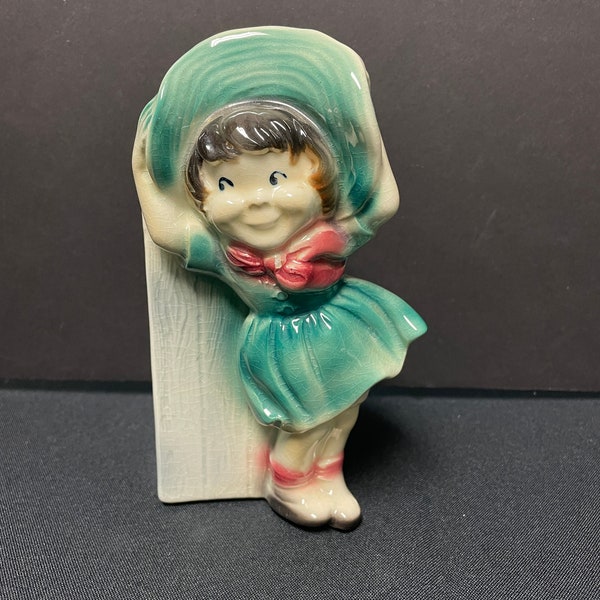 Vintage Royal Copley Pottery Wall Pocket Vase Girl in Green Dress with Red Bow