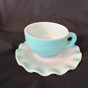 Hazel Atlas Teal Crinoline Pattern Cups, Saucers image 1