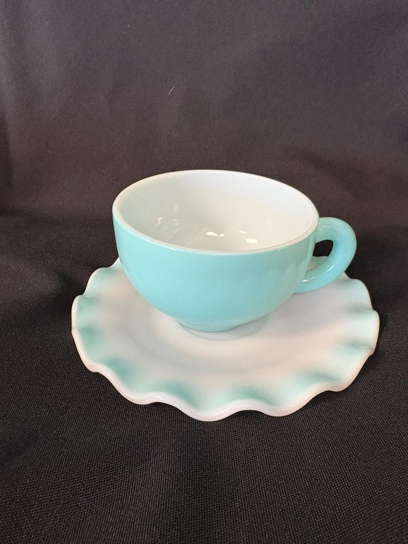 Hazel Atlas Teal Crinoline Pattern Cups, Saucers image 1