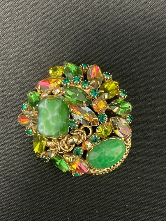 Vintage Antique Jade Green and Pink Jewel Pin Broo