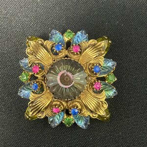 Vintage Antique Deep Pink Blue Green Gold Heliotrope Rhinestone Brooch