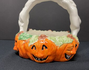 Lefton Halloween Pumpkin and Ghost Ceramic Basket