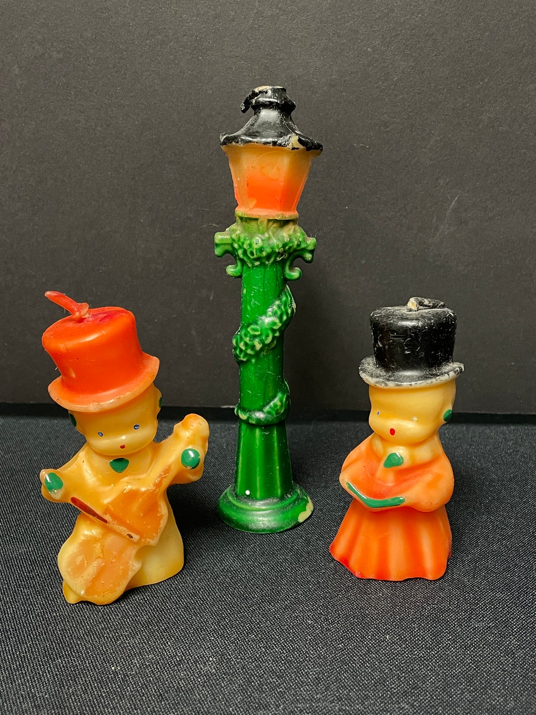 Gurley / Tavern Christmas Carolers Candle Set Boy With Violin, Woman in