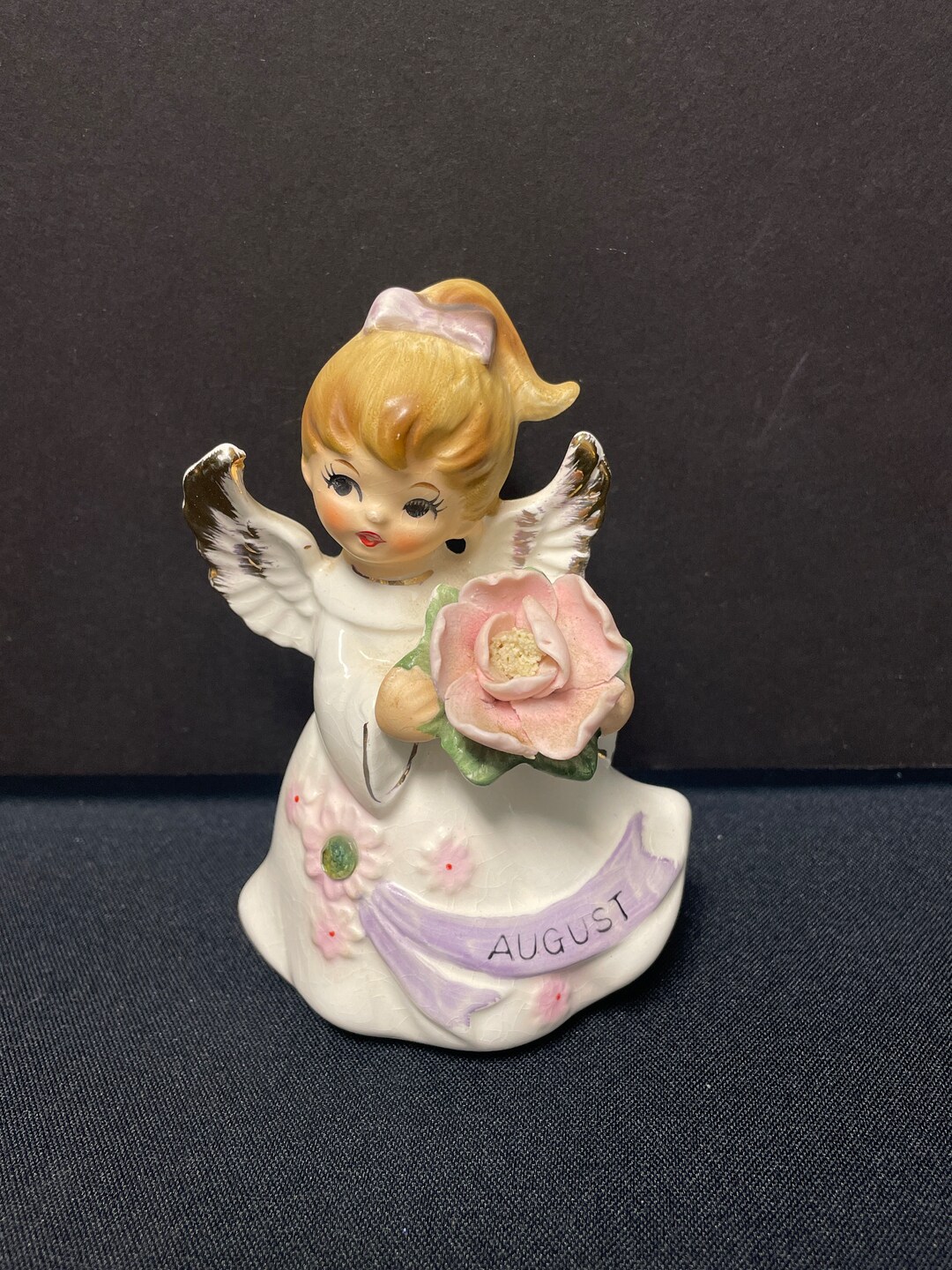 Vintage Lefton Birthday Month Angel Girl Lady Figurine With Purple
