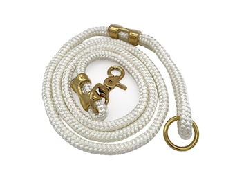 White Marine Rope Dog Leash, 5-foot dog leash, 7-foot dog leash, brass dog leash, heavy-duty dog leash, 3/8 inch thick