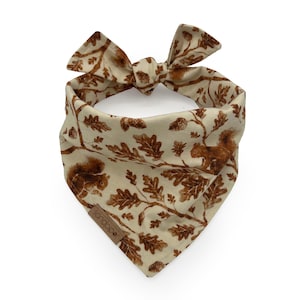Könnte beinhalten: Ein beiger Bandana mit einem braunen Eichhörnchen- und Eichenblatt-Muster. Das Bandana hat ein braunes Leder-Etikett mit dem Wort "coco" darauf.