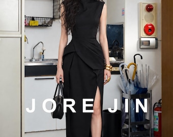 Vestido midi negro, vestido formal sin mangas de cuello alto, vestido asimétrico drapeado, vestido de cóctel con abertura lateral, vestido de noche hecho a medida