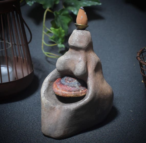 Backflow incense cone holder "Tree Goddess" – made from traditional smoke burning art – with real tree mushroom – Item No.: RÄH015