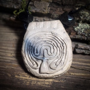 Goddess Labyrinth Amulet – Archaic smoke-fired clay art with adjustable leather strap and gemstones - Item No.: AMU052