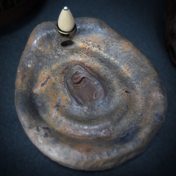 Backflow incense cone holder with limonite inlay/witch bowl - altar accessories made of traditionally fired clay - handmade ceramic art