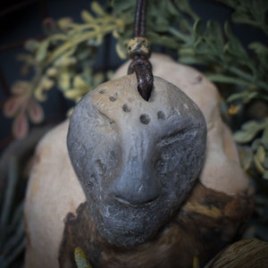 Handmade amulet talisman - ethnic mask - made of traditionally fired clay with leather or cotton strap