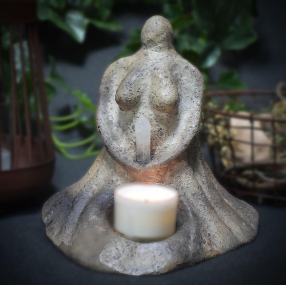 Handmade tealight holder Goddess with rock crystal - Rustic mysticism for your spiritual home