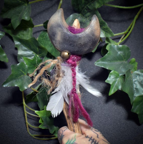 Ritual Staff Intuition – Crescent Moon made of traditionally fired clay with Amethyst & Copper - Item No.: RST032