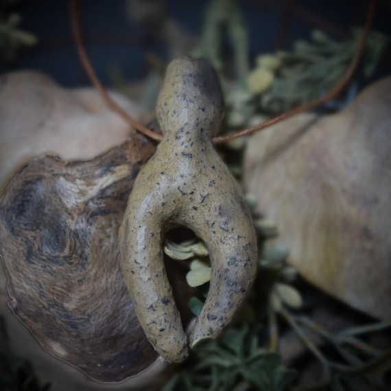Handmade amulet - stylized goddess - smoke fire art in clay - A rustic gift of prehistoric art