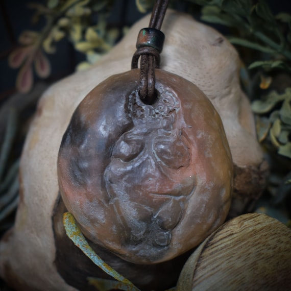 Unique lucky charm amulet: smoke-fired clay pendant - Venus of Willendorf with leather or cotton cord