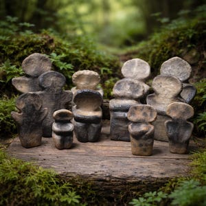 Op de afbeelding: Een verzameling kleine, abstracte sculpturen in verschillende tinten grijs en bruin. De figuren hebben afgeronde hoofden en gestileerde lichamen, gerangschikt op een verweerd houten oppervlak. De achtergrond toont weelderig groen mos en gebladerte.