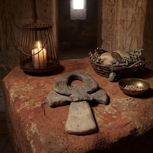 May include: A stone ankh symbol with a carved bird motif rests on a textured surface alongside a metal lantern containing a lit white candle, a woven basket filled with dried leaves and stones, a small green scarab figurine, and a brass bowl.