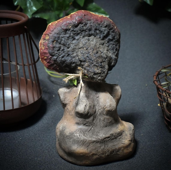 Goddess of the Forest – Sculpture with real tree fungus, primitive art in smoke firing technique - Item No.: SKU125