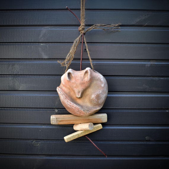 Fox power animal – wall decoration made of clay & driftwood – traditional smoke-fired art – Item No.: HEX013