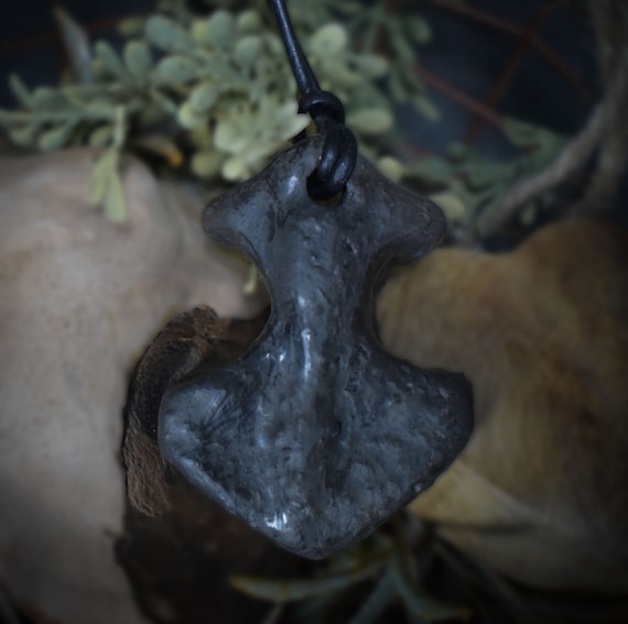 Thor's Hammer Mjölnir in smoke-fired art - Unique lucky charm amulet made of traditionally fired clay with leather or cotton strap