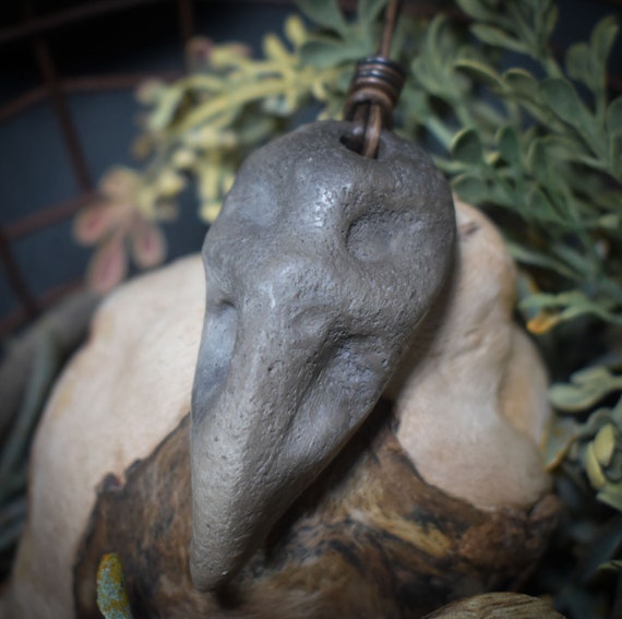 Raven power animal - handmade amulet with metal beads made of traditionally fired clay - with leather or cotton cord