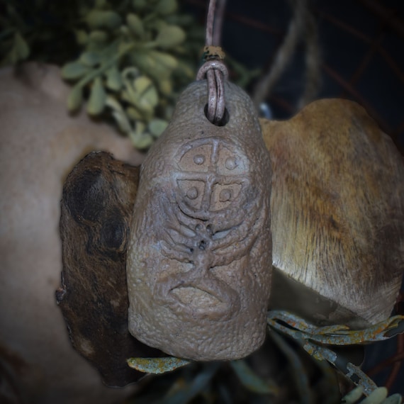 Handmade amulet - Nordic sun wheel - Traditional clay talisman for luck & prosperity - with leather or cotton strap