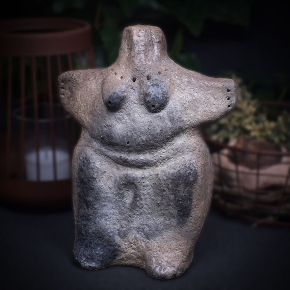 Handcrafted prehistoric Venus sculpture - Spiritual decoration made of clay finished in smoke firing - individual living ambience