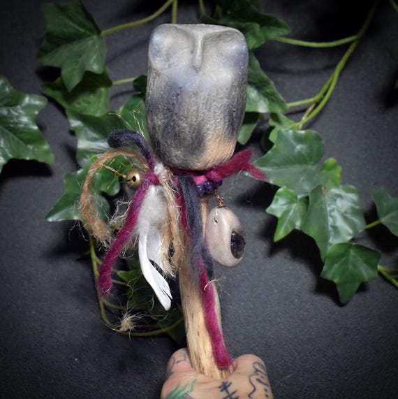 Ritual Staff Intuition – Owl made of traditionally fired clay with amethyst & copper - Item No.: RST031