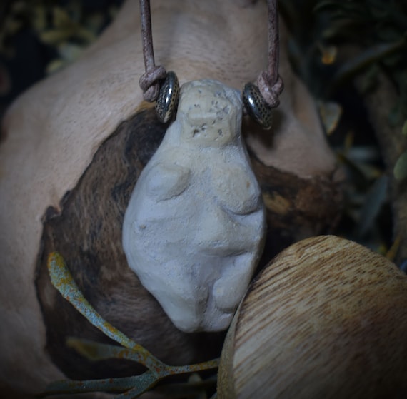 Unique lucky charm amulet: smoke-fired clay pendant - Venus of Willendorf with leather or cotton cord