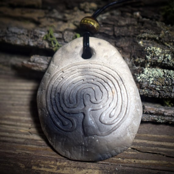 Goddess Labyrinth Amulet – Archaic smoke-fired clay art with adjustable leather strap and gemstones - Item No.: AMU055