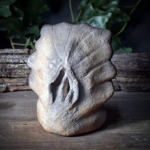 May include: A weathered, beige-colored sculpture with a textured, fan-like design. The sculpture has a central opening and a rough, organic appearance, suggesting a natural or abstract form. The piece is set against a wooden surface with a blurred background of greenery.