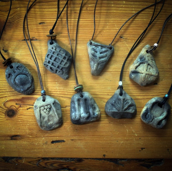 Handmade smoke-fired art - set of 8 amulet pieces with Celtic symbols Traditionally fired clay | Lucky charm/talisman
