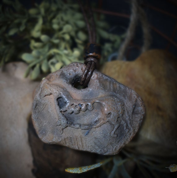 Smoke-fire art meets Lascaux magic - Unique handmade clay amulet - with leather or cotton cord