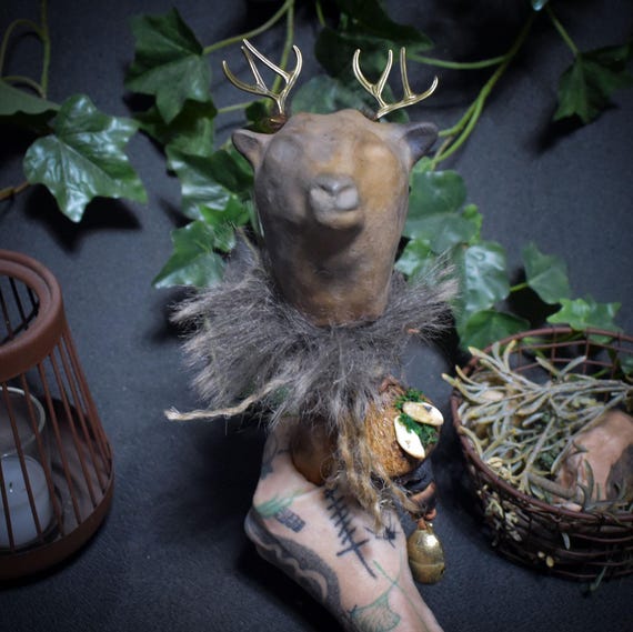 Deer power for Yule - Ritual staff of light - traditional smoke burning art decorated with natural details - Item No.: JUL007