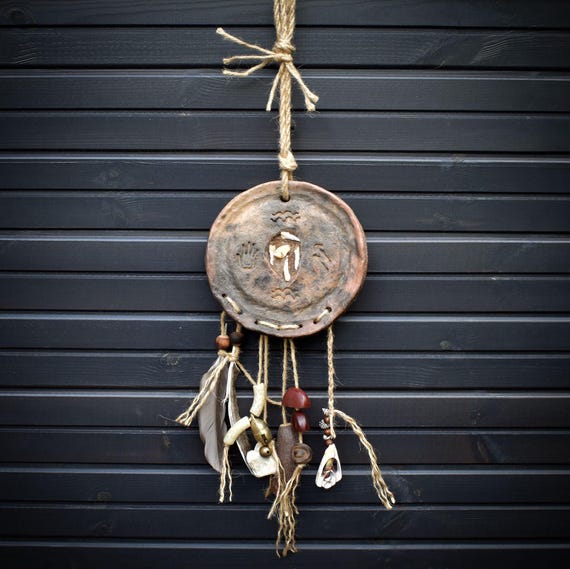 Shamanic drum wall decoration – smoke-burning art with wild boar tusks & power objects - Item No.: HEX015