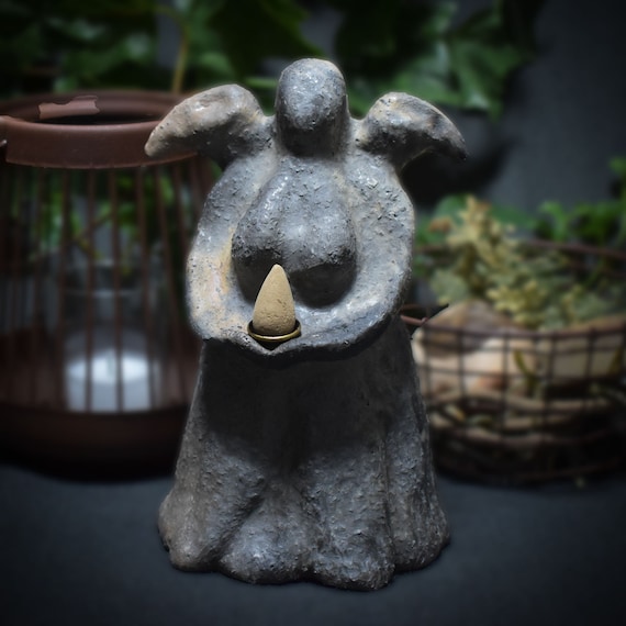 Handmade backflow incense cone holder made of clay - The Celtic Goddess Morrigan - Goddess of Darkness - finished in smoke firing