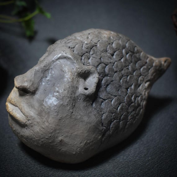 Fish Creature of the Threshold – Sculpture in traditional smoke-fired art – Mystical being between the worlds – Item No.: SKU117