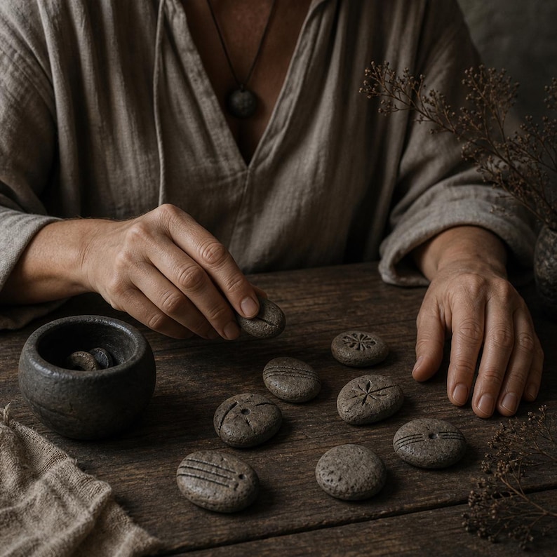 May include: A collection of small, dark gray, textured clay stones featuring various hand-carved geometric patterns and lines. One stone is held, while others are arranged on a wooden surface next to a matching dark gray, round clay bowl.