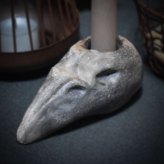 Spiritual clay art - Raven skull decoration candle holder made of natural clay - refined in smoke firing