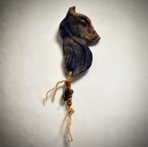 Fox wall decoration – traditional clay art with wooden beads and amber-like resin beads - Item No.: HEX028