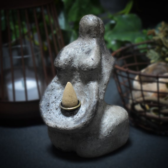 Backflow incense cone holder Goddess - Mystical fertility figure made of clay - refined in smoke firing
