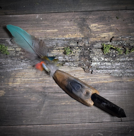 Ritual Staff /Power of the Great Goddess/ – Smoky Quartz, Clay & Parrot Feathers - Clay Handle - Ritual Tool - Item No.: RST024