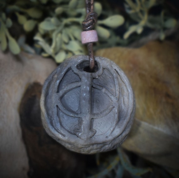 Unique handmade Chalice Well amulet talisman made of traditional fired clay with leather or cotton cord