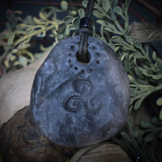 Handmade clay lucky charm amulet - Rustic triskele pendant with leather or cotton cord as a spiritual gift