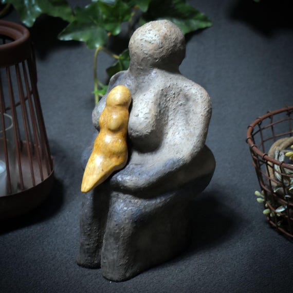 Mother and Daughter – Sculpture of Female Power – Traditional Smoke-Fired Art – Goddess of Wisdom – Item No.: SKU133
