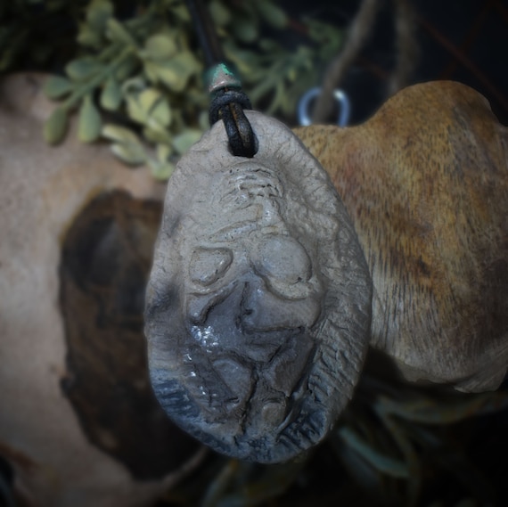 Unique lucky charm amulet: smoke-fired clay pendant - Venus of Willendorf with leather or cotton cord