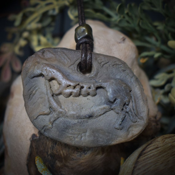 Smoke-fire art meets Lascaux magic - Unique handmade clay amulet - with leather or cotton cord