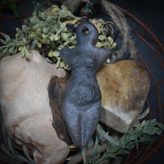 Unique handmade amulet made of smoke-fired clay – Spiritual lucky charm and fertility goddess pendant