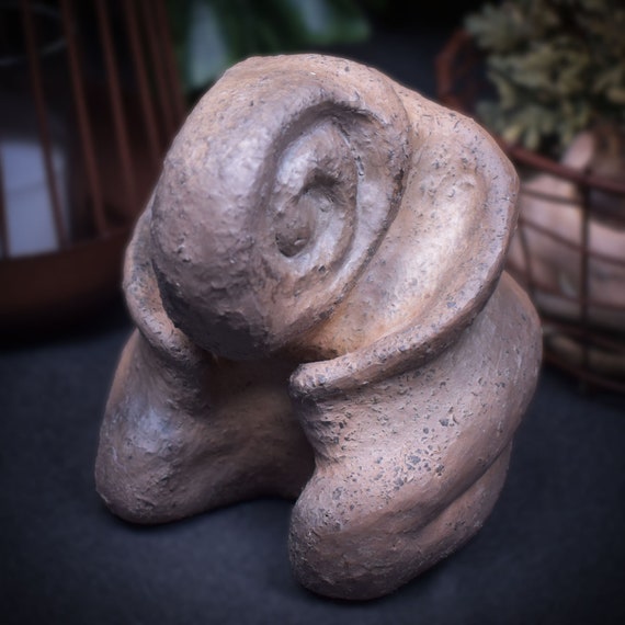 Harmonious female snail figure made of clay and born in smoke firing – Meditative art sculpture for your home